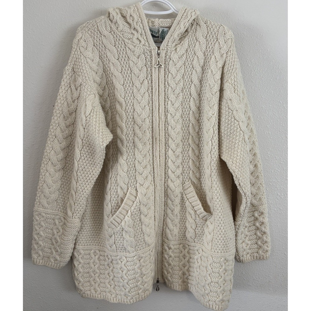 Aran Crafts Ireland Women XL Merino Wool Cable Knit Full Zip Cardigan Cream Hood